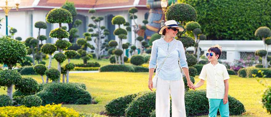 Mother and son at Wat Arun in Bangkok, Thailand