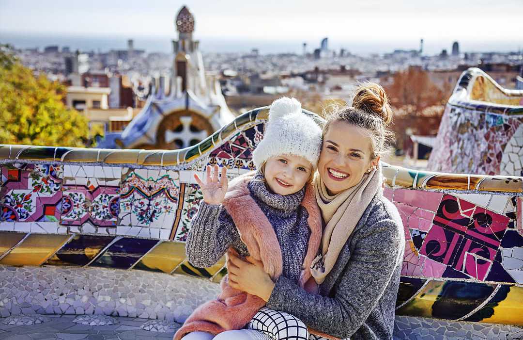 Mother and daughter at Park Guell in Barcelona, Spain