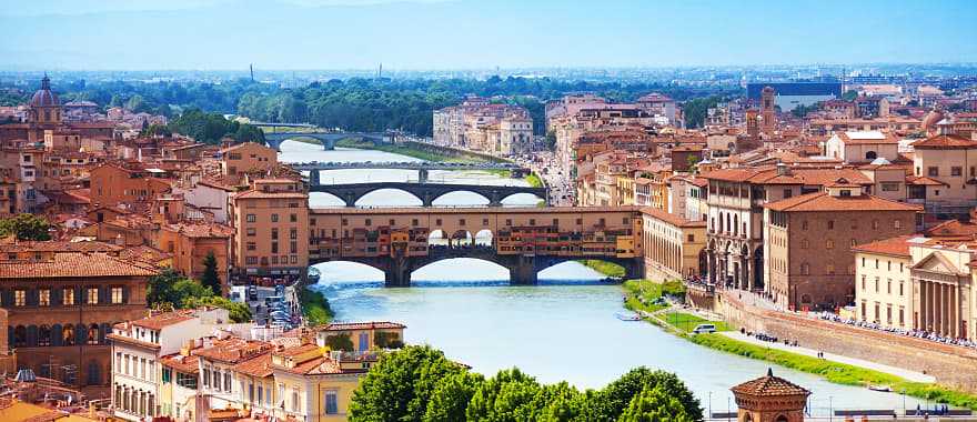 Panorama Arno river and Ponte Vecchio bridge, Florence, Italy