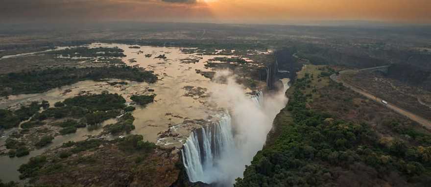 Aerial view of the Victoria Falls at sunrise Aerial view of the Victoria Falls at sunrise
