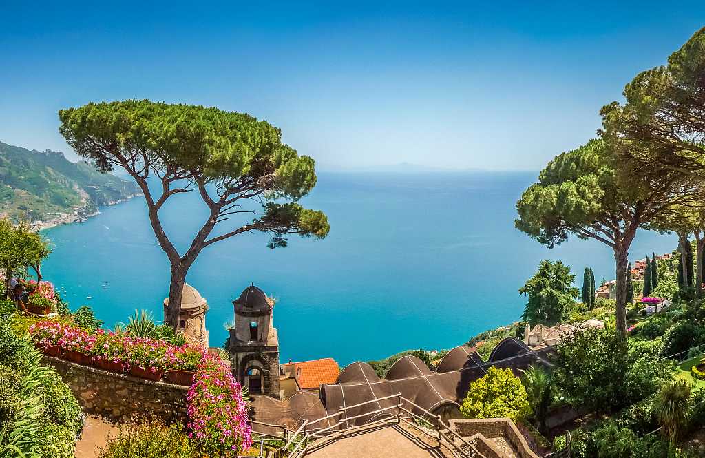 Villa Rufolo’s gardens in Ravello with view of Amalfi Coast, Italy
