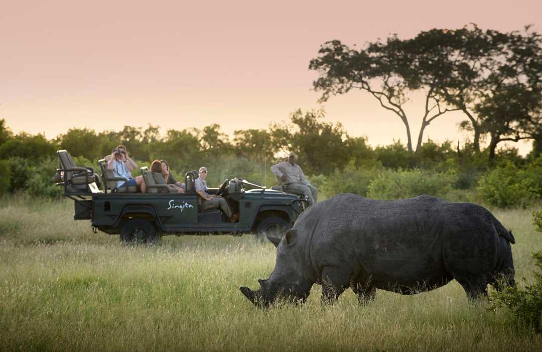"Travelers on a safari game drive watch a rhinoceros grazing in the South African bushveld