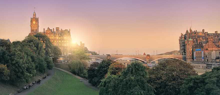 Panoramic view of the sun setting in Edinburgh, Scotland