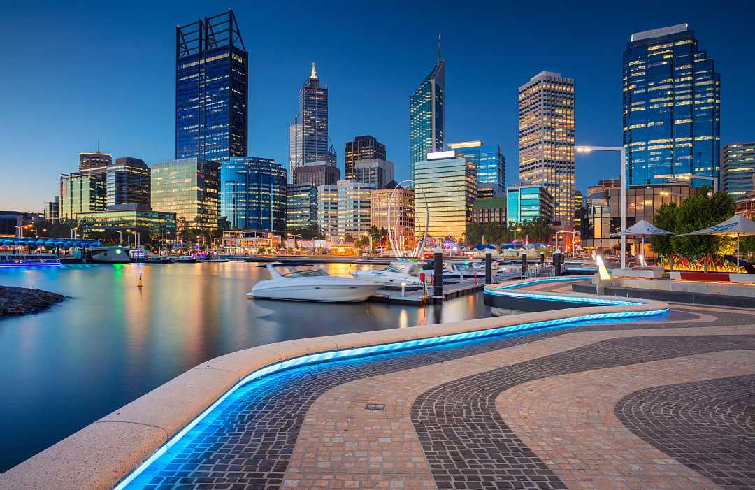 The modern skylines of Perth, at twilight. 