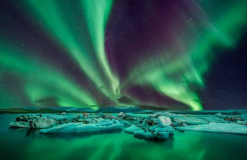 Northern lights over Jakulsarlon Glacier Lagoon in Iceland