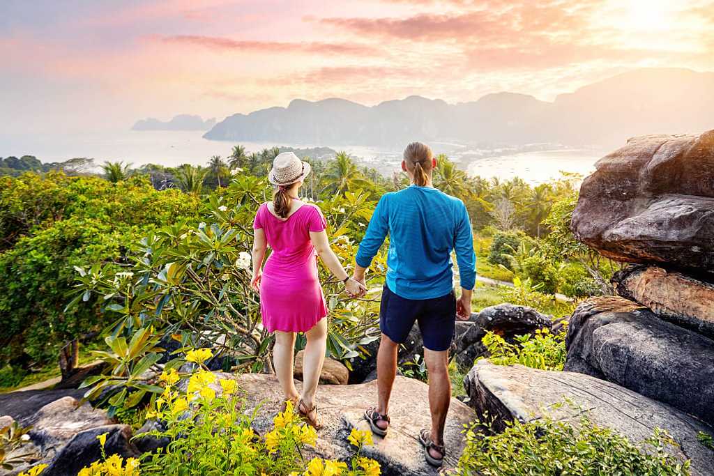 Couple at scenic overlook in Koh Phi Phi, Thailand