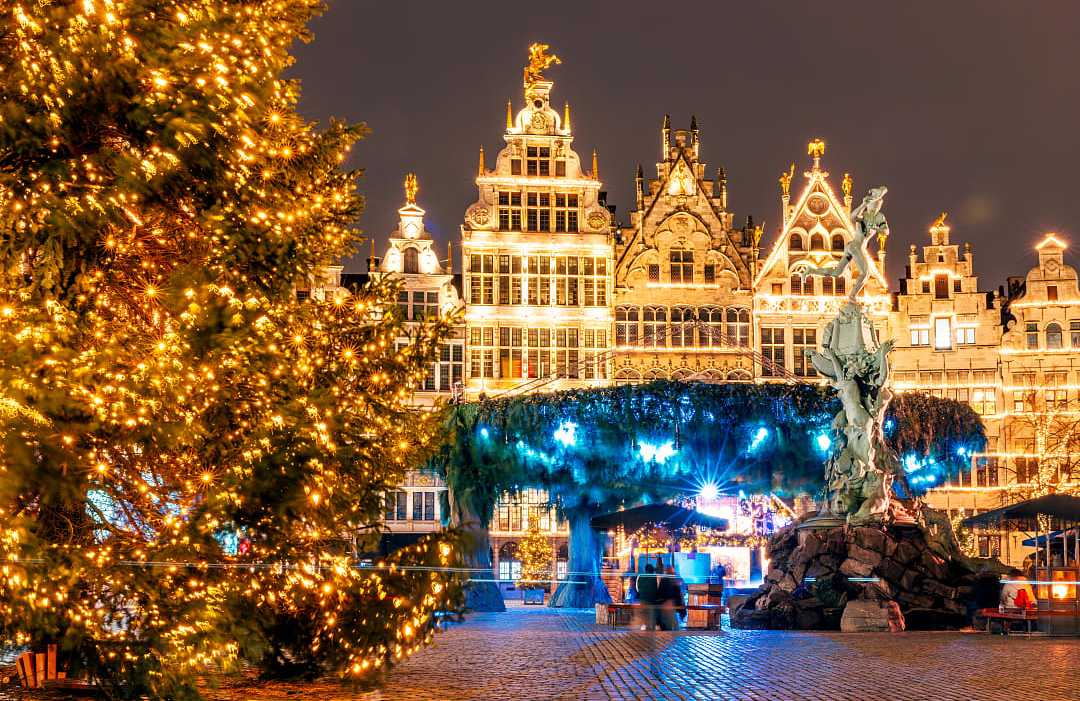 Grote Markt in Belgium, decorated for the Christmas season.