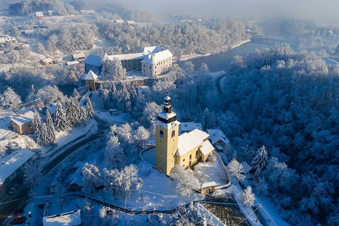 Aerial view of Ozalj Castle in the town of Ozalj, Croatia. 