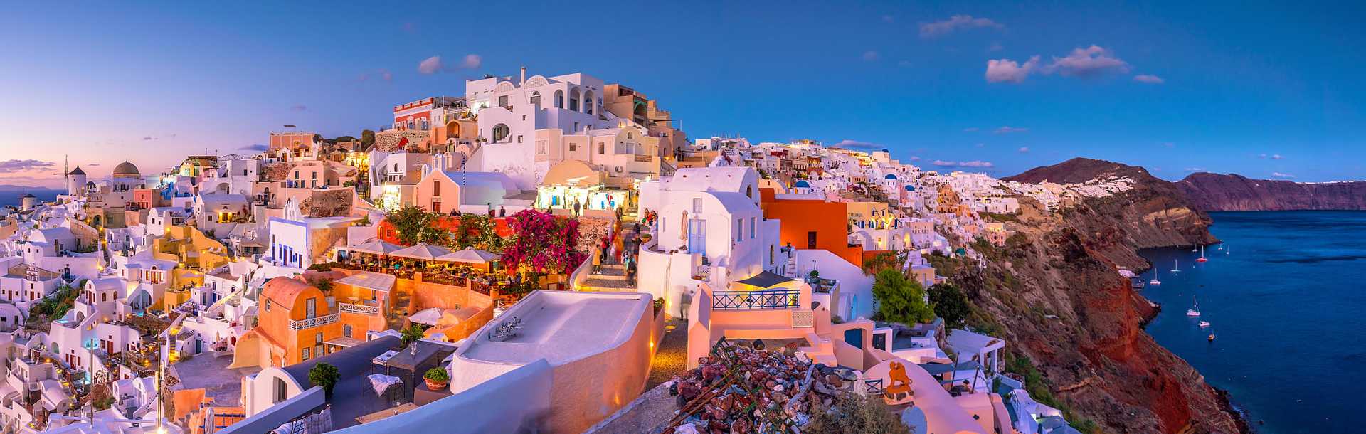 Twilight over Oia and the caldera on Santorini island, Greece