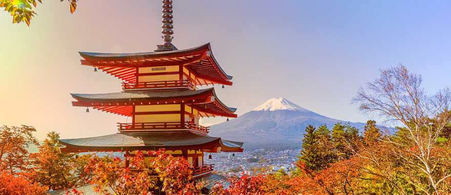 Chureito pagoda with autumn trees and Mt Fuji in the distance, Japan