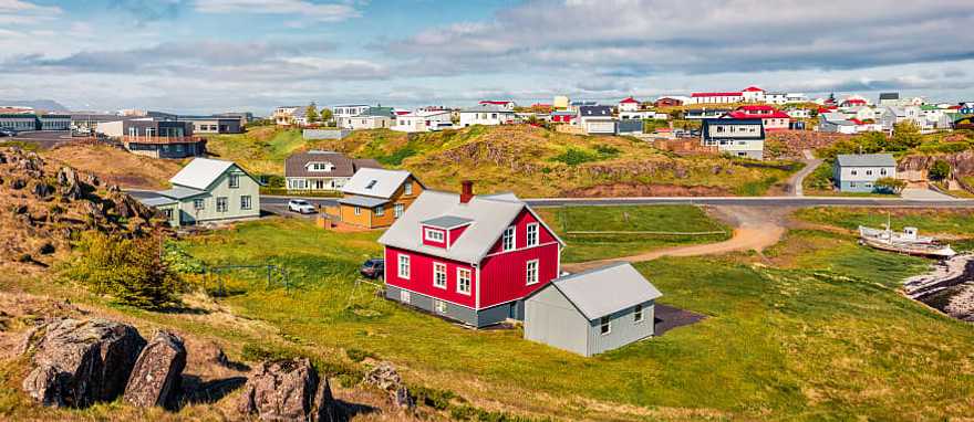 Sunny summer cityscape of small fishing town, Stykkisholmur in Iceland