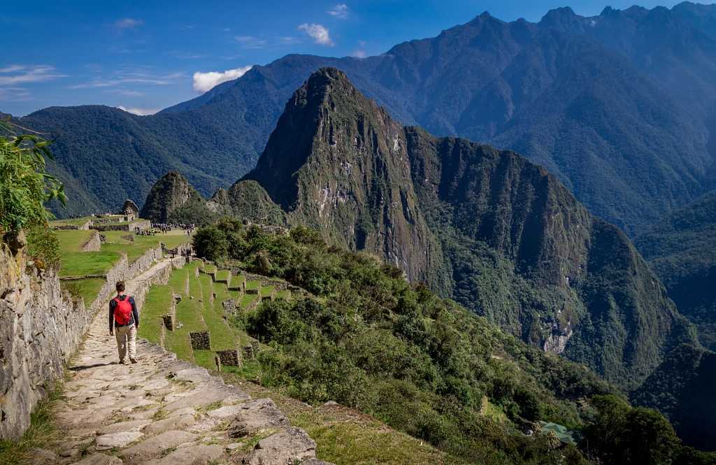 Man walking the Inca Trail into Machu Picchu, Peru
