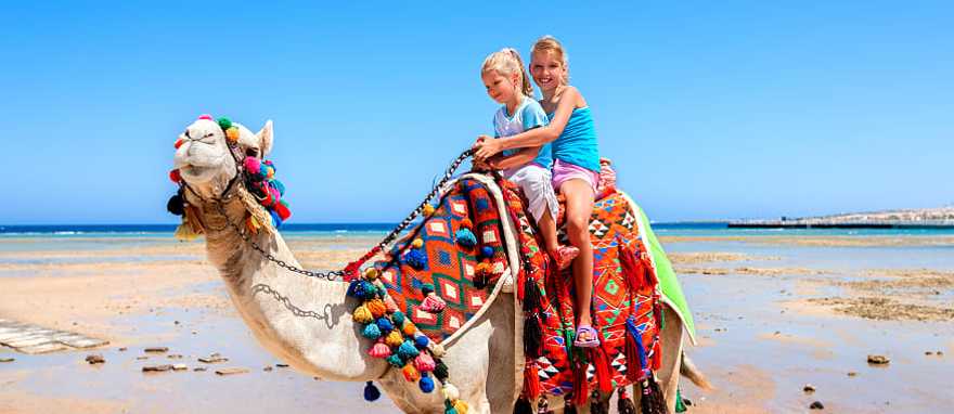 Sharm El Sheikh, Egypt Sisters riding camel on the beach in Egypt