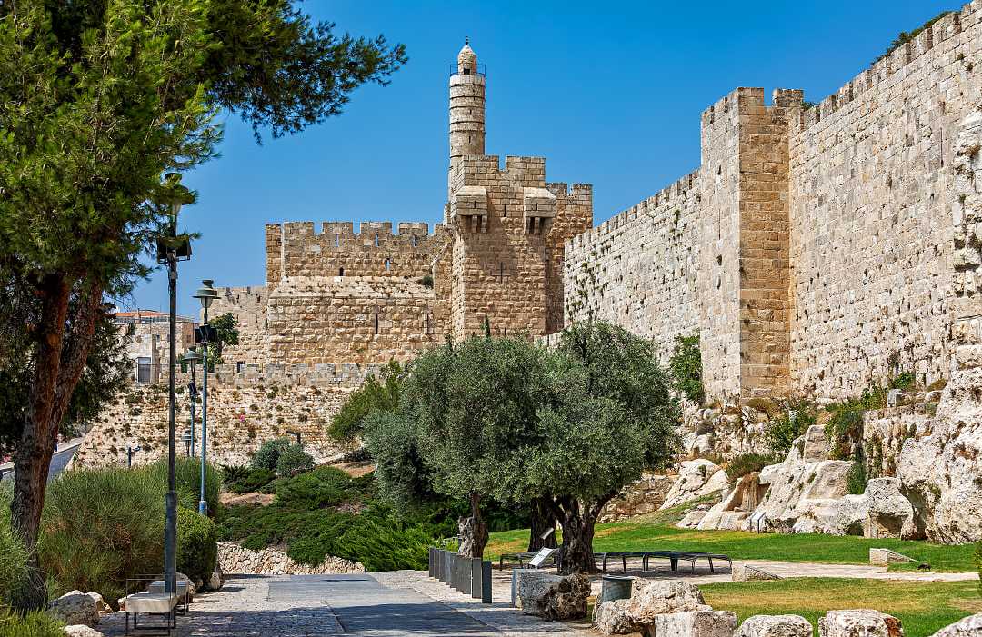 View of of alley and famous Tower of David in Jerusalem, Israel