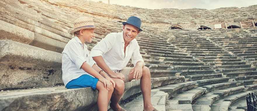 Father and son at Hierapolis ruins in Pamukkale, Turkey