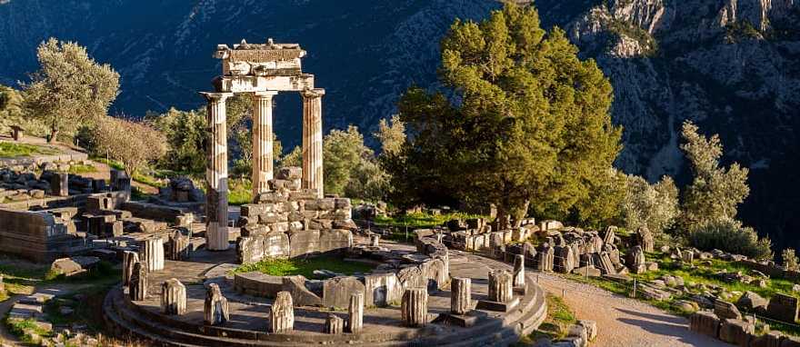 View of temple ruins in the morning in Delphi, Greece.