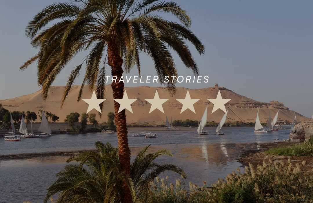 Feluccas on the Nile near sand dunes in Aswan, Egypt, with five-star traveler story graphic