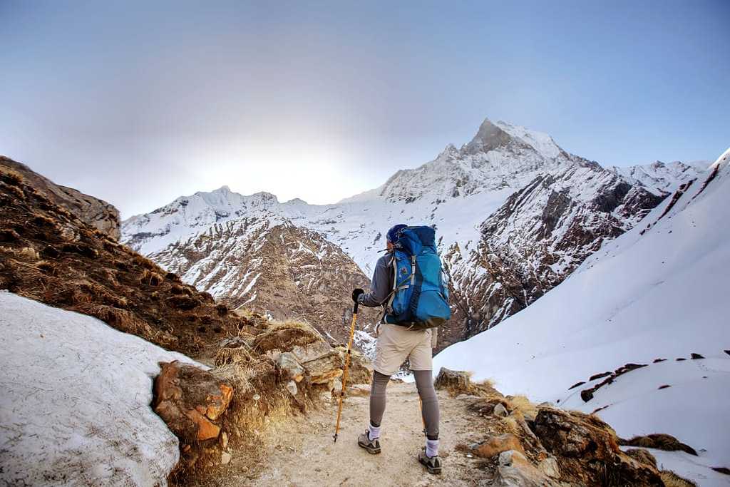 Trekker on the way to Annapurna base camp, Nepal