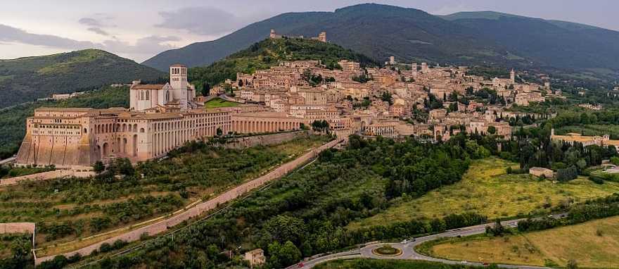 View of the city of Assisi and the Sacro Convento monastery, nowadays theological seminary, Italy