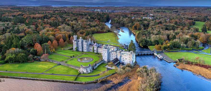 Aerial view of luxury Ashford castle and gardens in County Mayo, Ireland