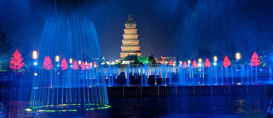 Illuminated water show at 1300-year-old Wild Goose Pagoda in Xian, China. Illuminated water show at 1300-year-old Wild Goose Pagoda in Xian, China.