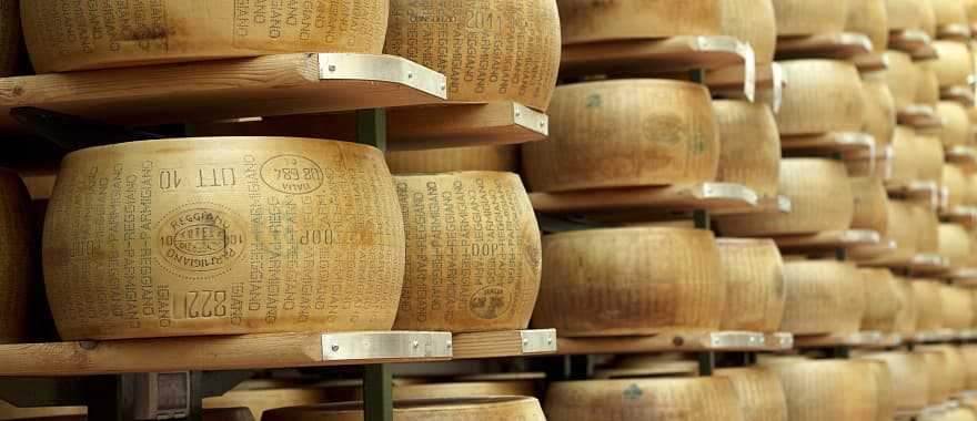 Wheels of parmigiano-reggiano on display in Parma, Italy