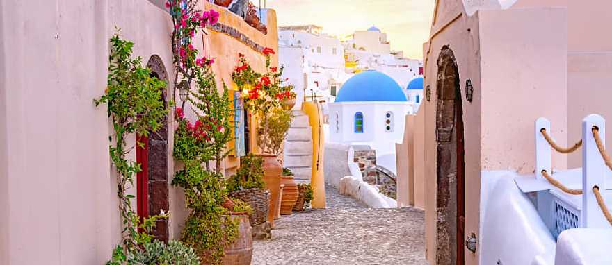 Traditional houses and church in Santorini, Greece.