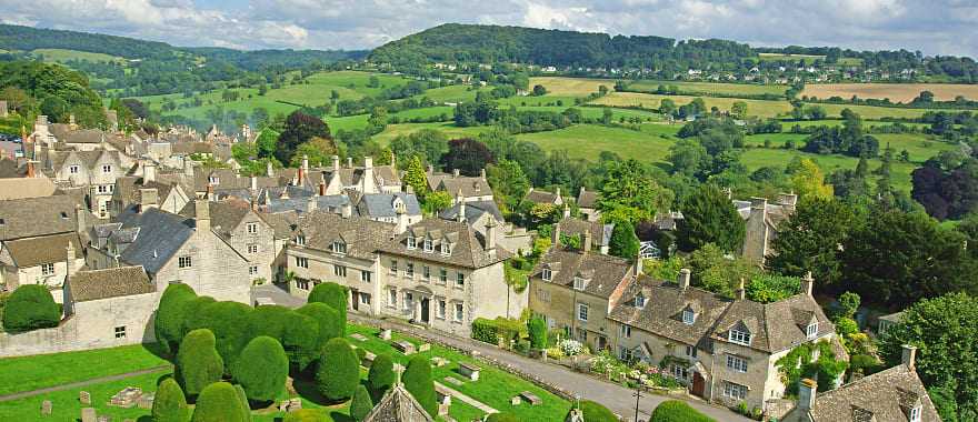 View of the village Painswick and surrounding countryside in the Cotswolds