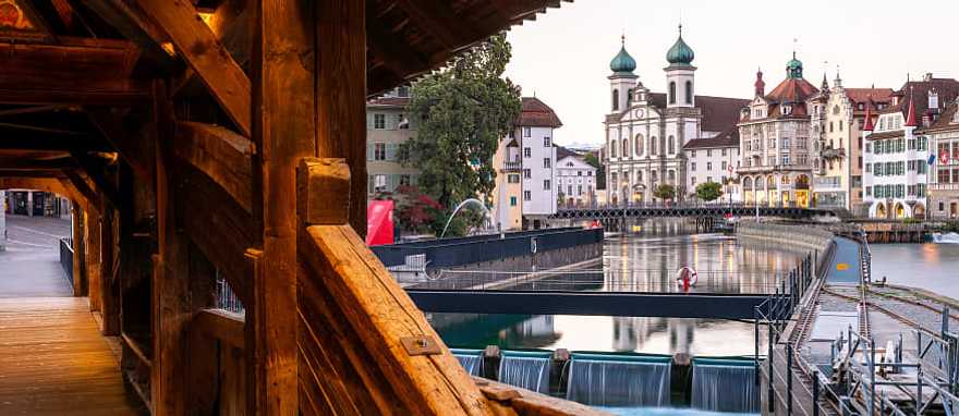 Jesuitenkirche (church right) taken from inside the Spreuerbrücke in Lucerne, Switzerland.