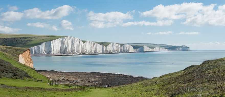 Chalk cliffs of the Seven Sisters overlooking the English Channel in East Sussex, England