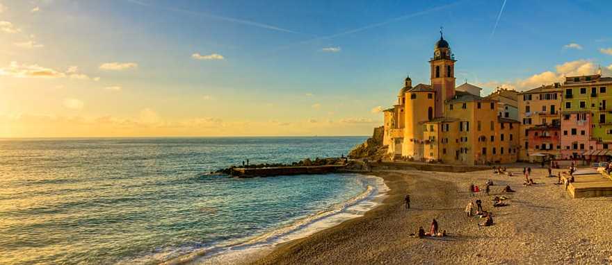Genoa Camogli is a small village in Liguria on the shores of the Mediterranean Sea. The beauty of land and sea at sunset, Genoa Genoa Camogli is a small village in Liguria on the shores of the Mediterranean Sea. The beauty of land and sea at sunset, Genoa