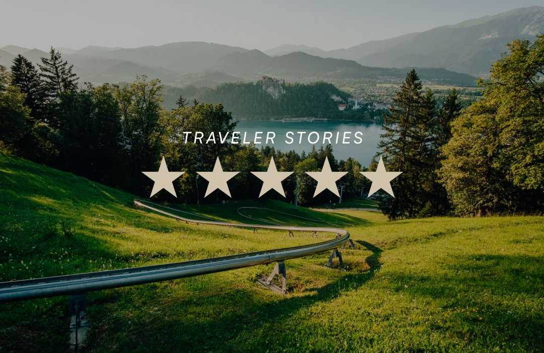 Alpine toboggan track on Straza hill overlooking Lake Bled with five-star traveler review graphic overlay