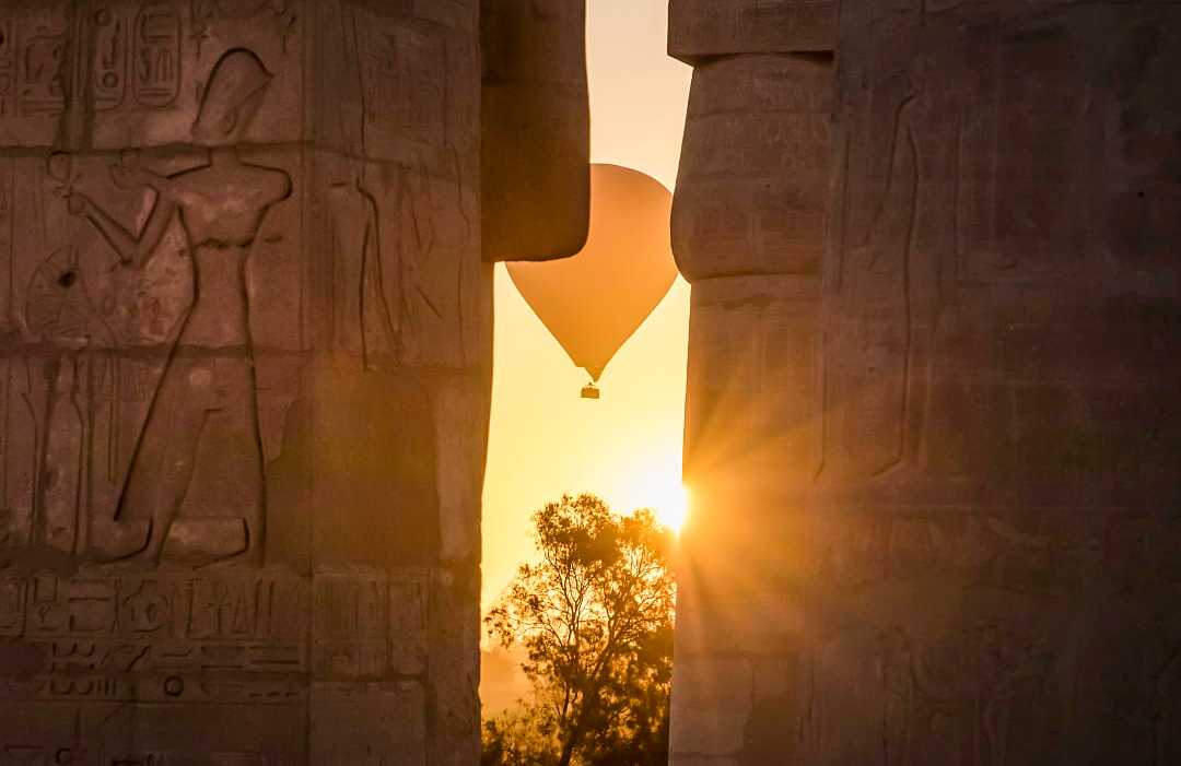 Hot air balloon above the Ramesseum Temple is located on the West Bank of Luxor