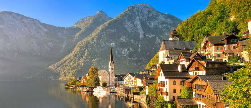 Wooden houses in Hallstatt village on an alpine lake in Salzkammergut, Austria