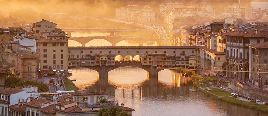 Morning view of the Ponte Vecchio bridge in Florence, Italy.