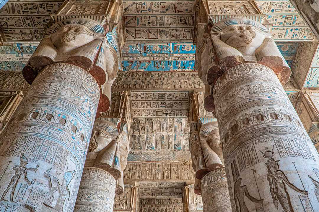 Ancient Egyptian hieroglyphs at Dendera Temple in Egypt