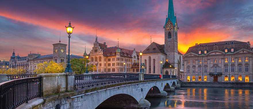 Bridge over the Limmat river leading into the the historic city center of Zurich, Switzerland.