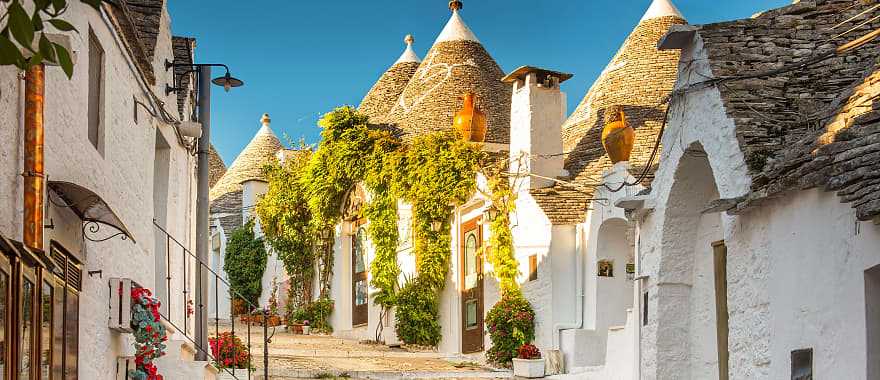 The cobblestone walkaway through the fairytale white limestone Trulli dwellings of  Alberobello, Italy